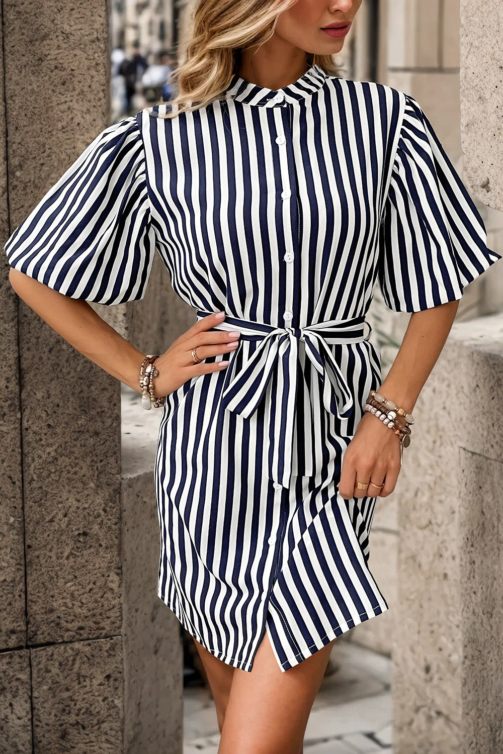 Striped Button Up Tie Waist Mini Dress 