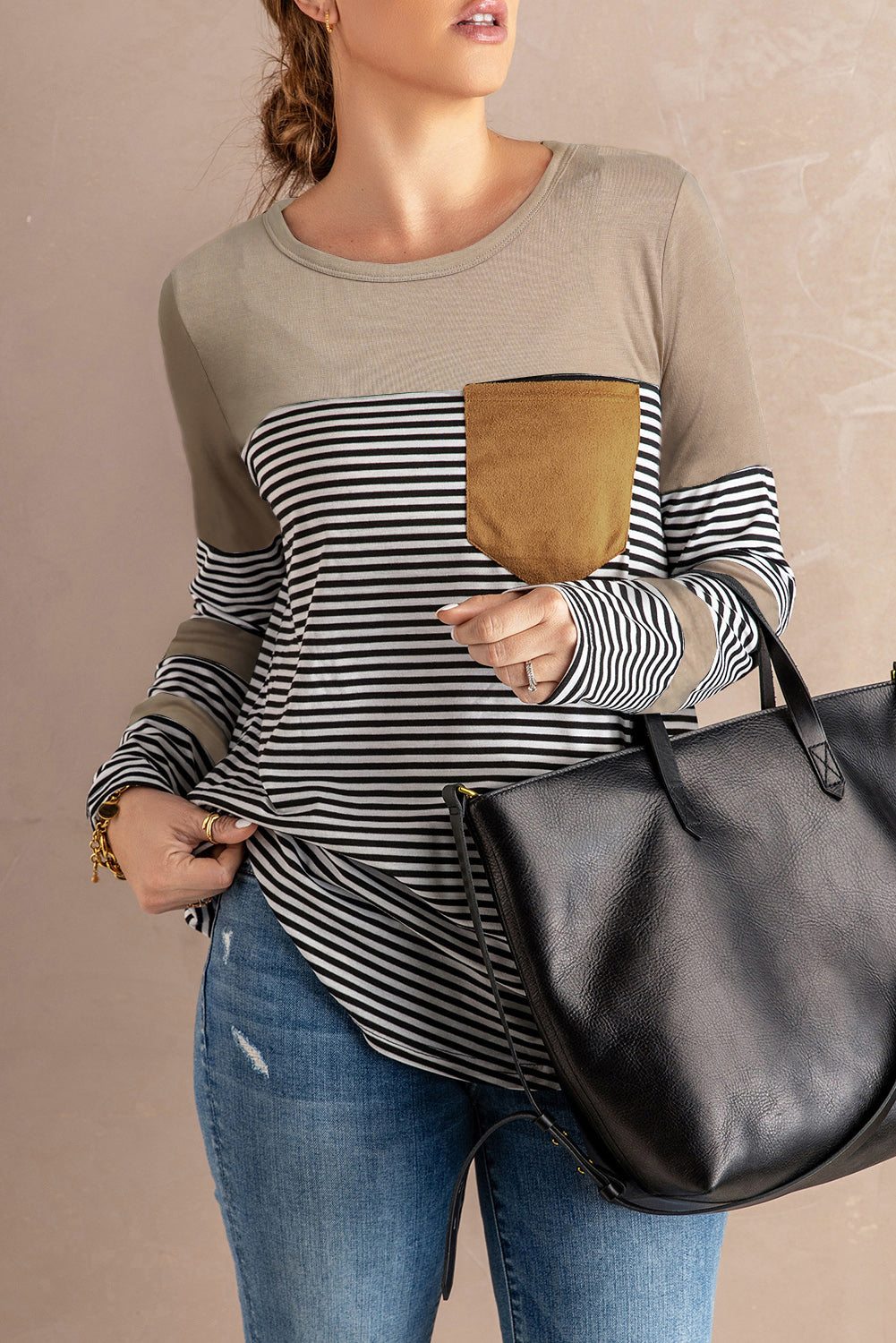 Pocketed Striped Round Neck T-Shirt