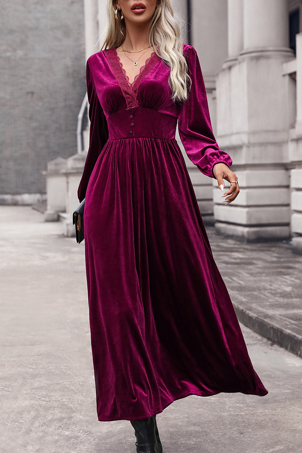 Lace Detail V-Neck Balloon Sleeve Midi Dress 