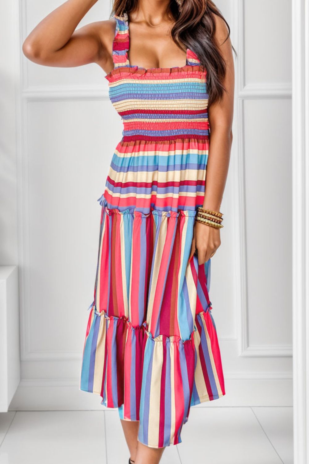 Striped Frill Smocked Tiered Midi Dress - Babbazon Midi Dress