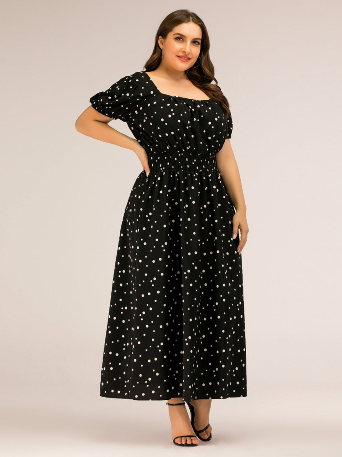 Plus Size Polka Dot Square Neck Dress 