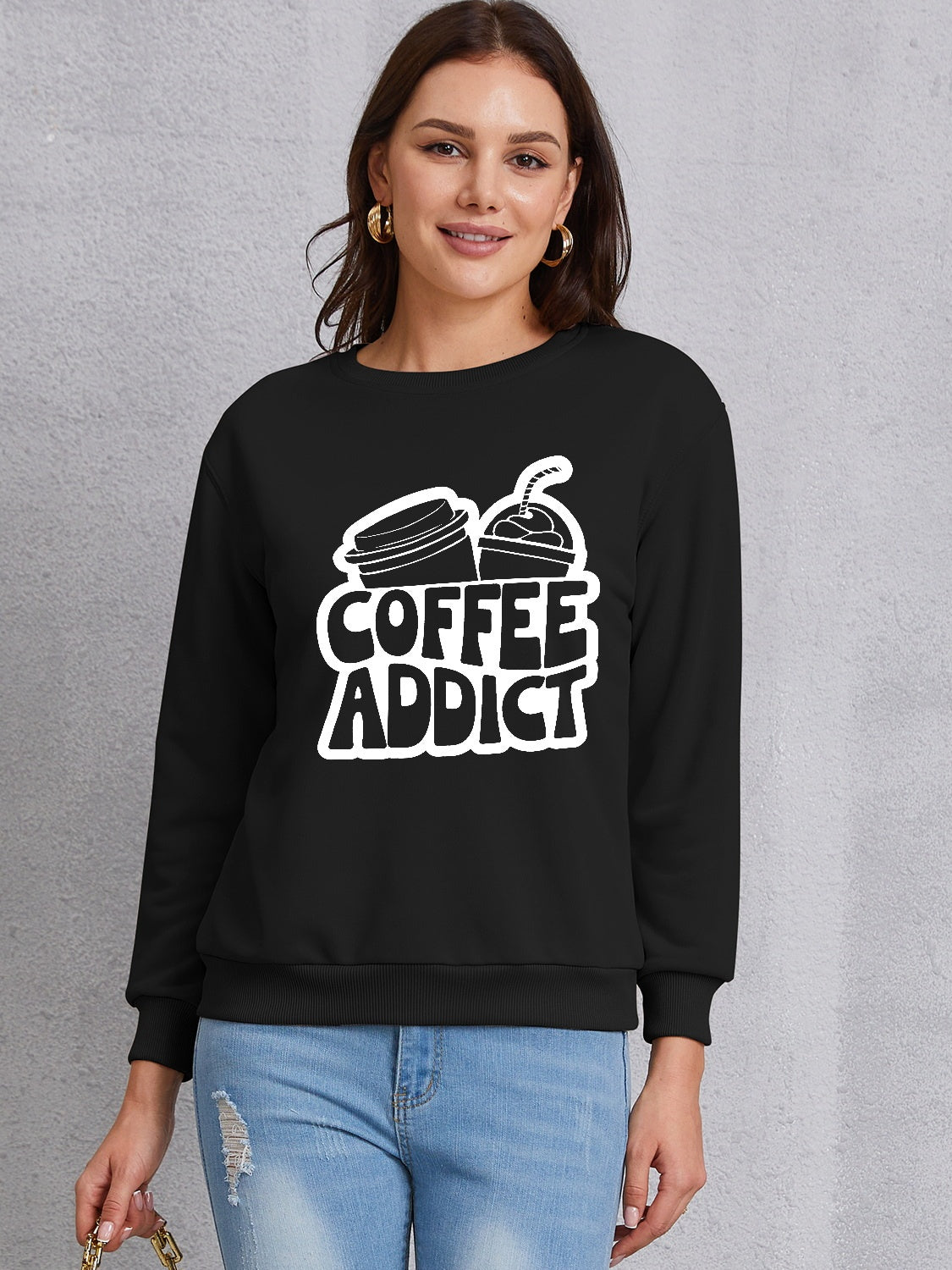 COFFEE ADDICT Round Neck Dropped Shoulder Sweatshirt 