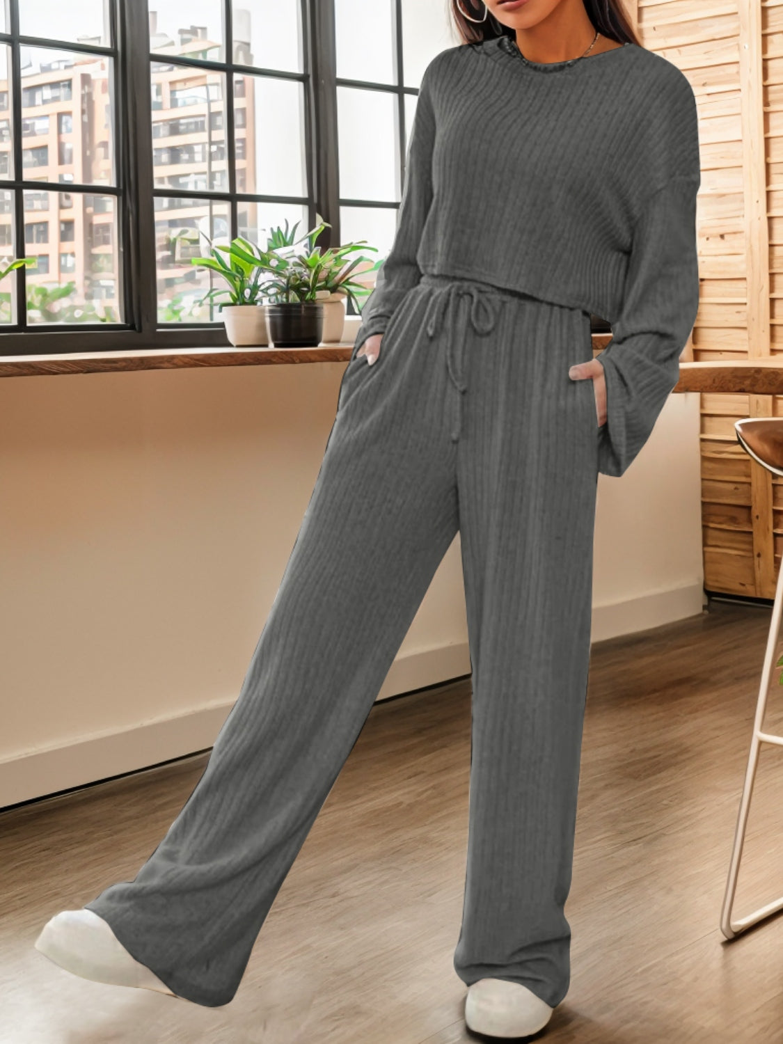 Ribbed Round Neck Top and Drawstring Pants Set 