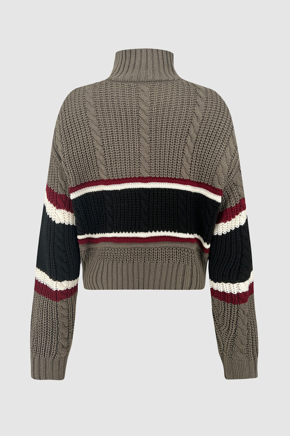 Cable-Knit Striped Quarter Zip Turtleneck Sweater 