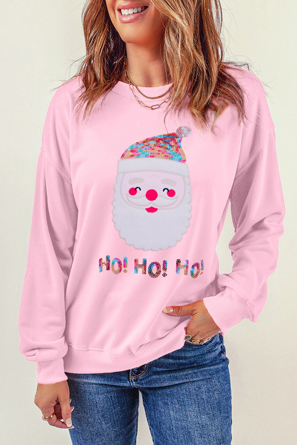 Sequin Santa Graphic Round Neck Sweatshirt 