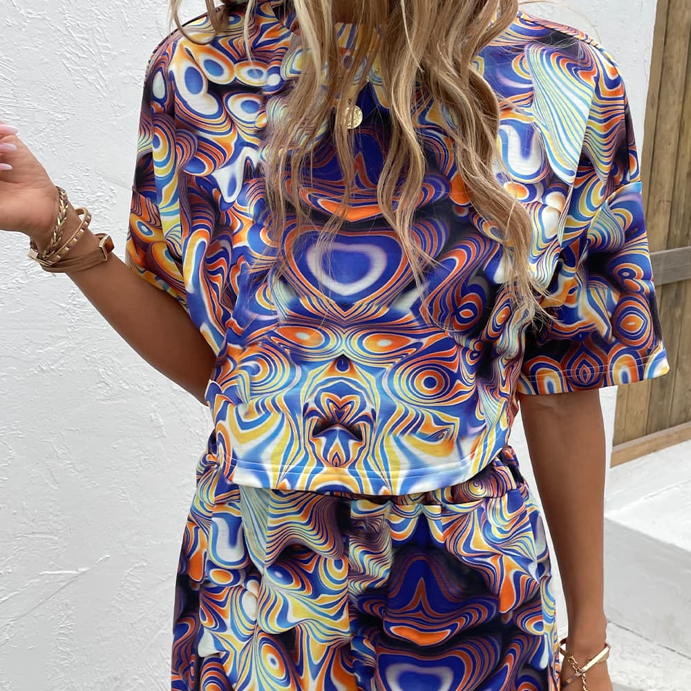 Printed Round Neck Dropped Shoulder Half Sleeve Top and Shorts Set 