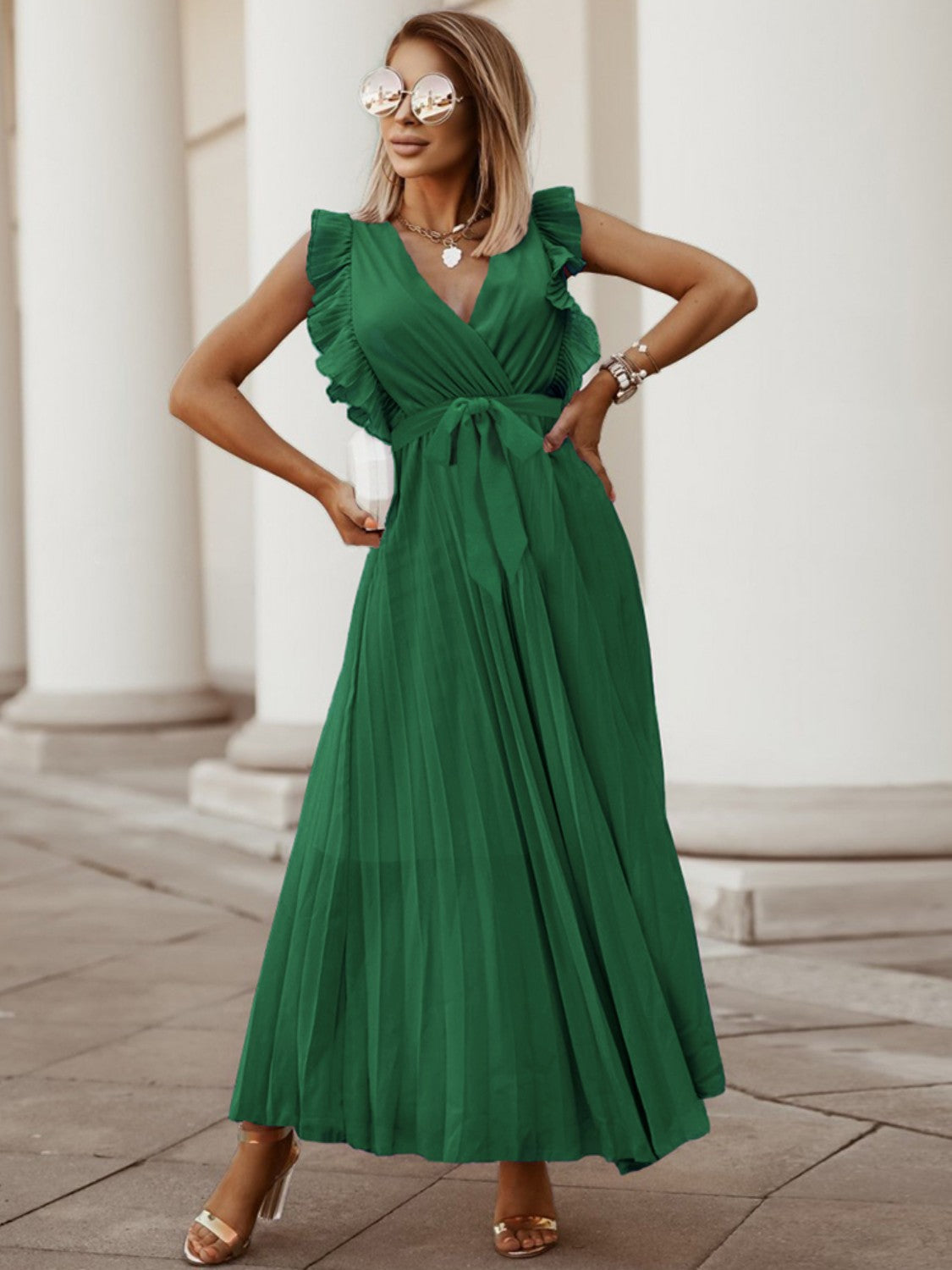 Tied Surplice Cap Sleeve Pleated Dress 