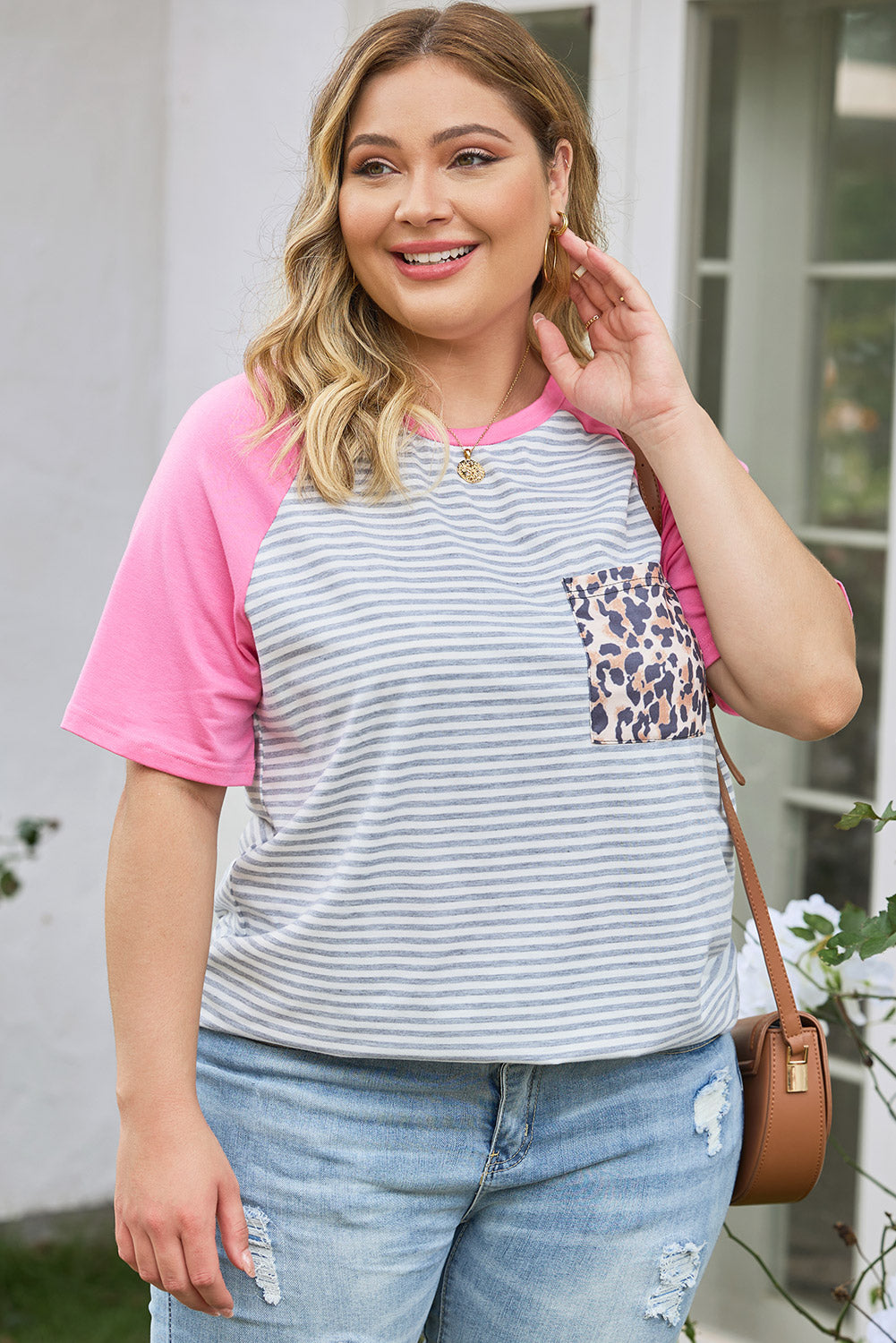 Plus Size Striped Leopard Round Neck T-Shirt 