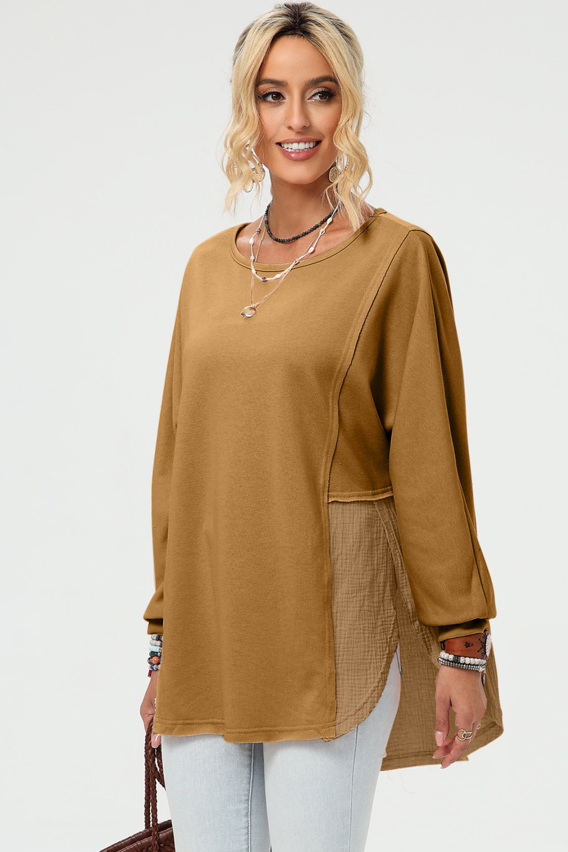 Curved Hem Dolman Sleeve Top - Babbazon Women's Tops