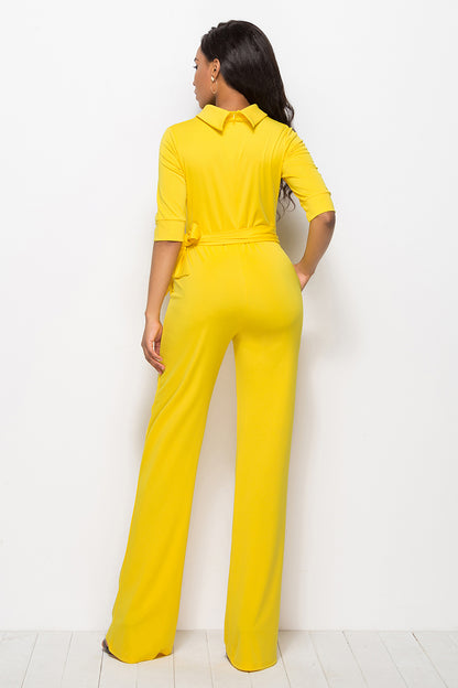 Mock Neck Tie-Waist Half Sleeve Jumpsuit 