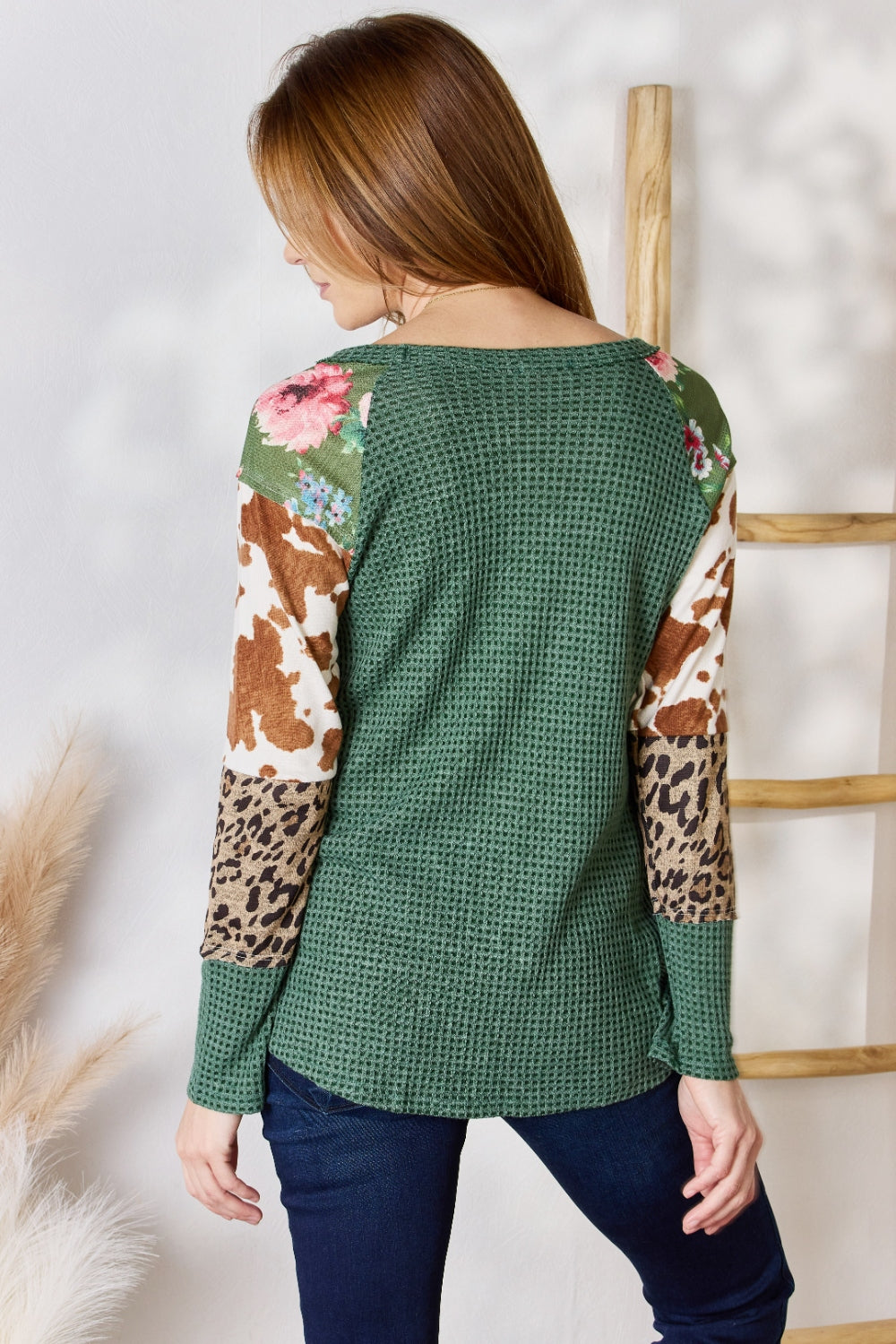 Hailey & Co Full Size Waffle-Knit Leopard Blouse 