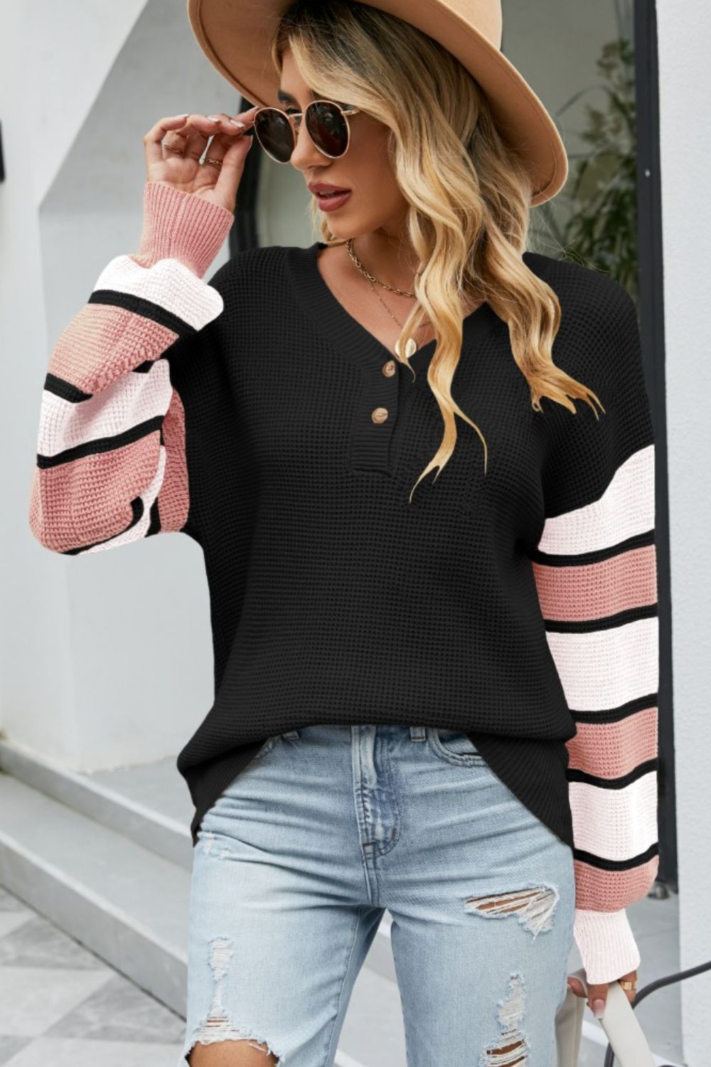 Color Block V-Neck Dropped Shoulder Sweater 