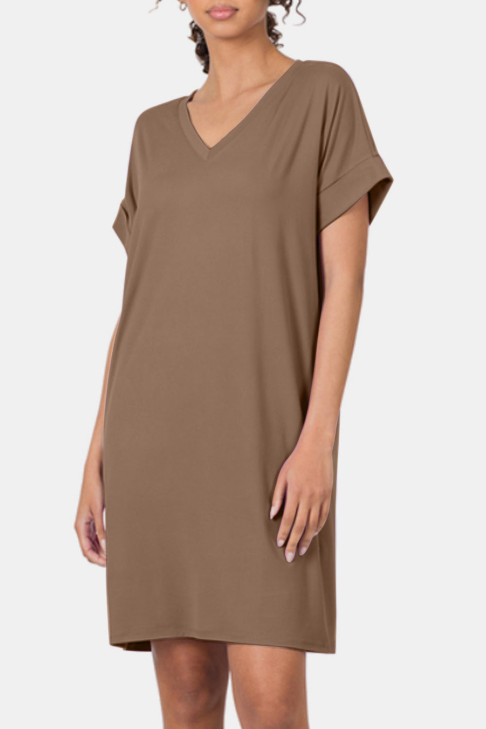 Zenana Rolled Short Sleeve V-Neck Dress 