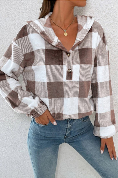 Plaid Quarter Button Dropped Shoulder Hoodie 