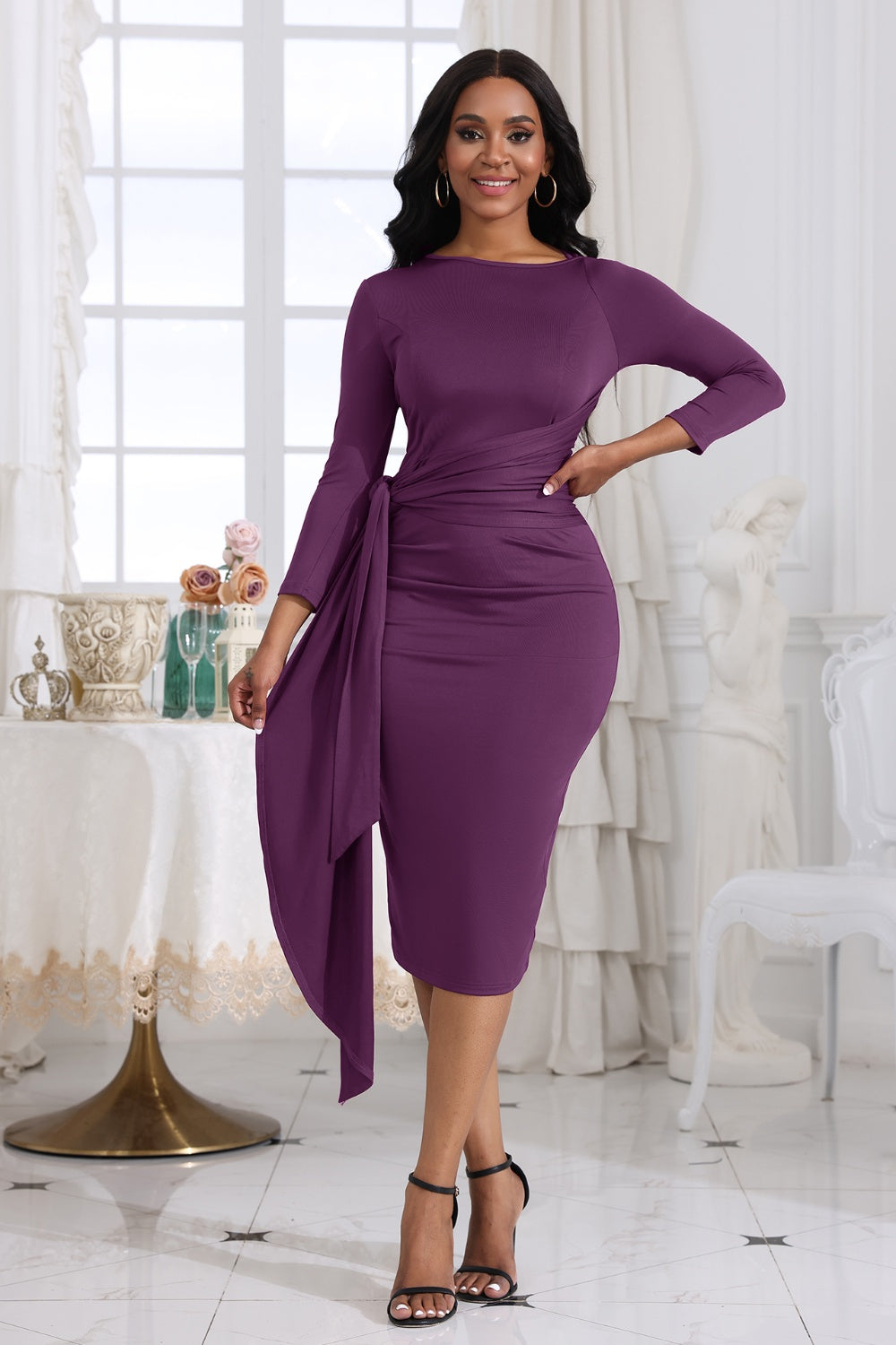 Tie Detail Round Neck Midi Dress 