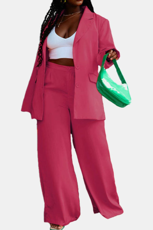 Lapel Collar Buttoned Blazer and Long Pants Set - Babbazon