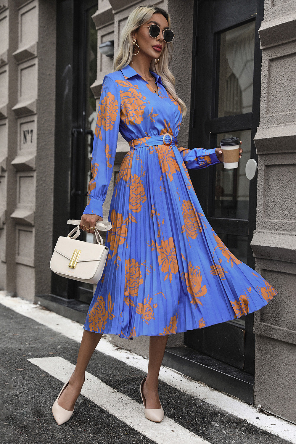 Floral Pleated Surplice Long Sleeve Midi Dress 