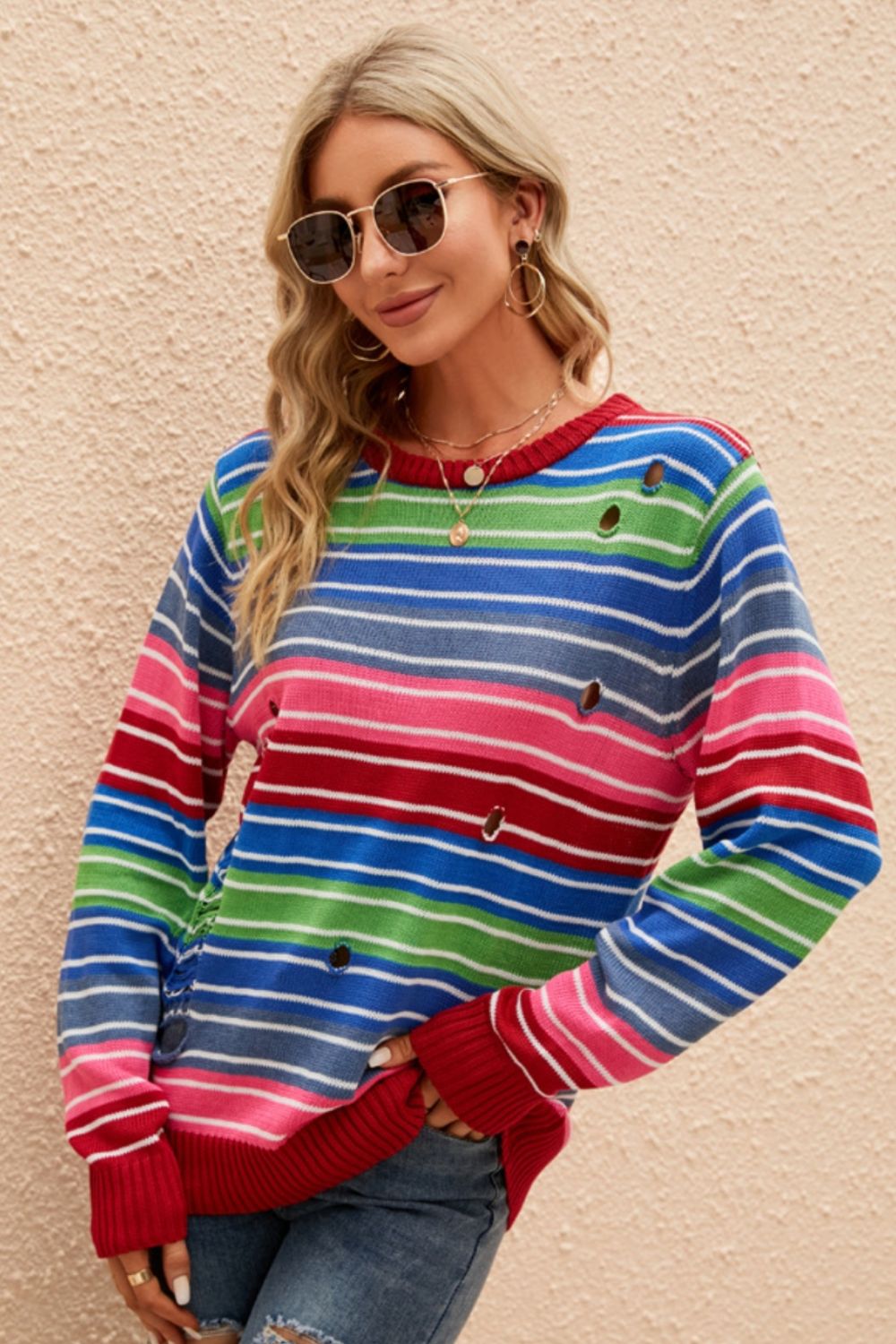 Striped Distressed Cutout Round Neck Sweater 