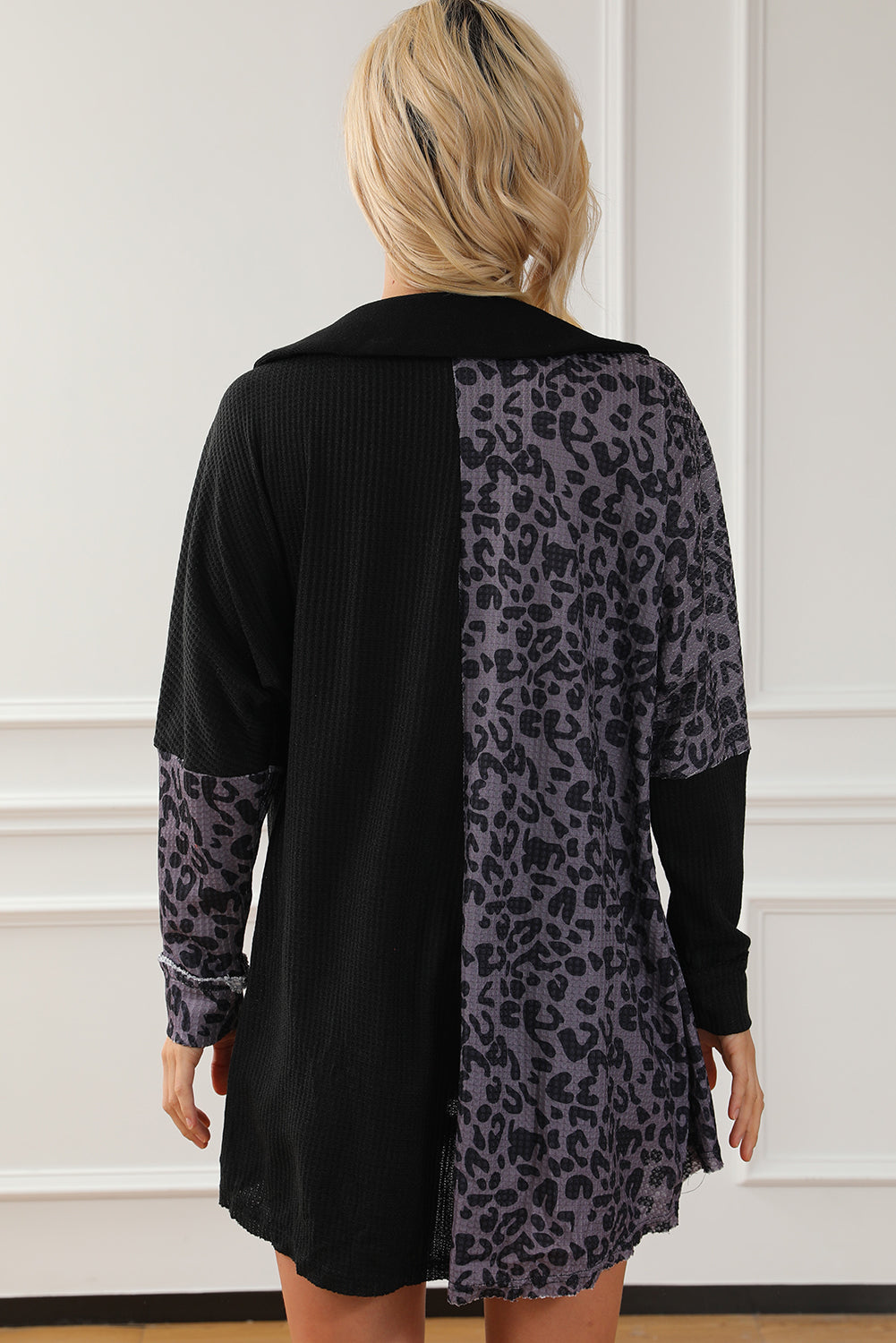 Half Button Leopard Collared Neck Blouse 