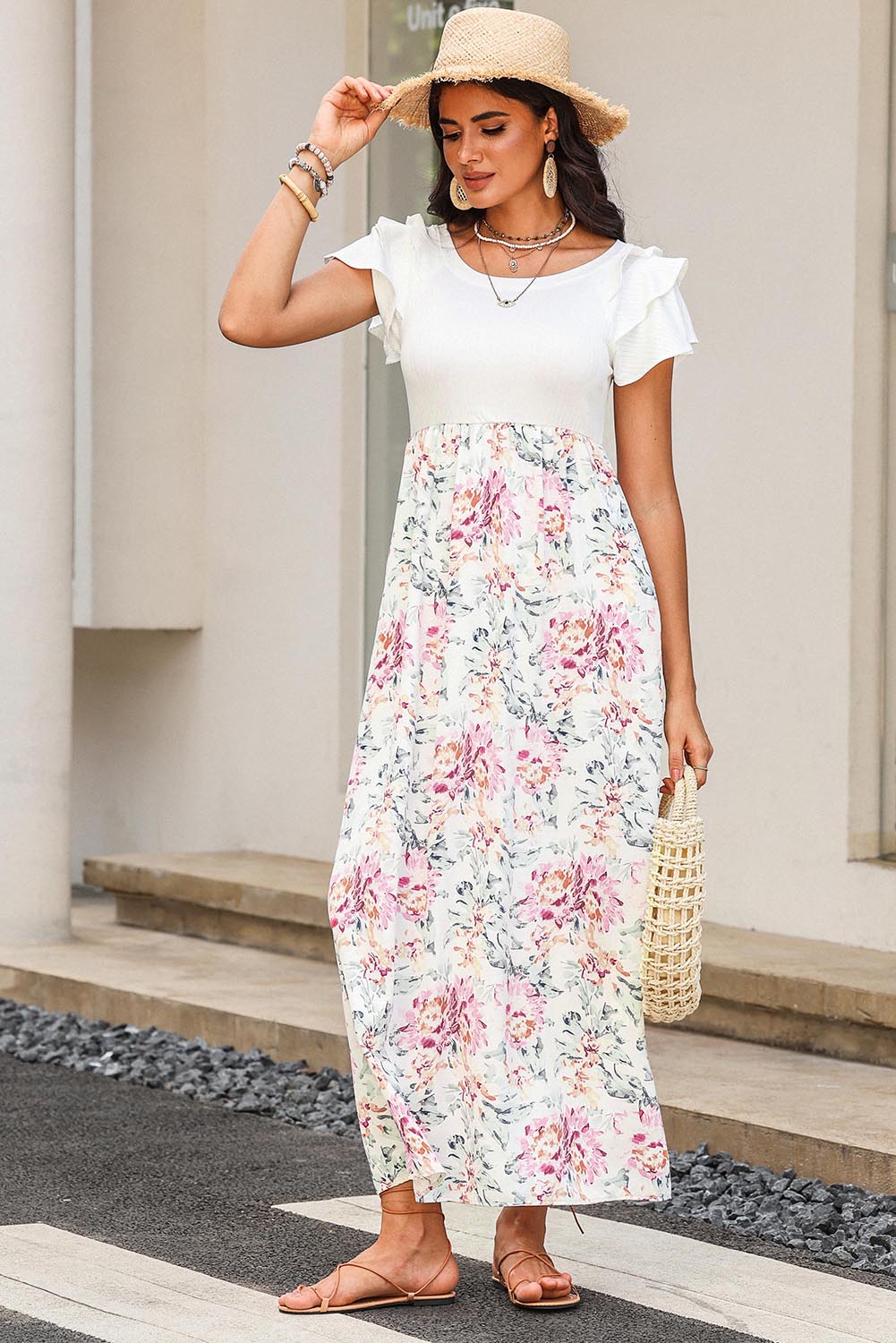 Round Neck Ruffled Short Sleeve Dress 