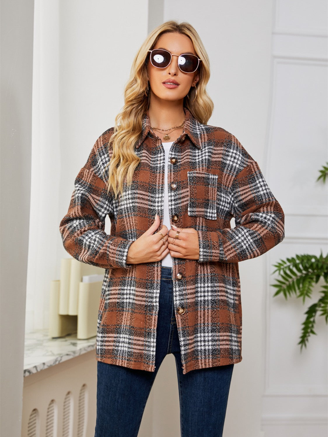 Plaid Collared Shirt Jacket 