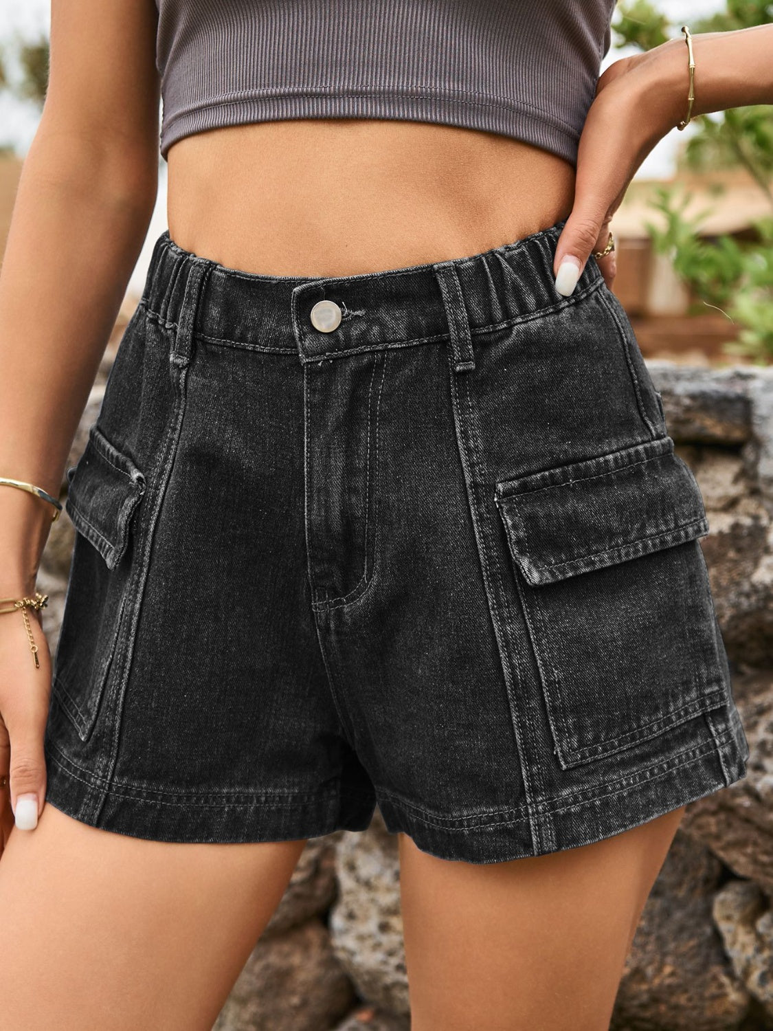 High Waist Denim Shorts with Pockets - Babbazon