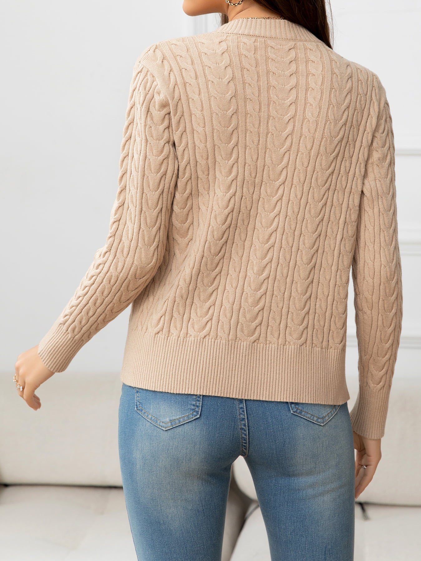 V-Neck Long Sleeve Cable-Knit Buttoned Knit Top 