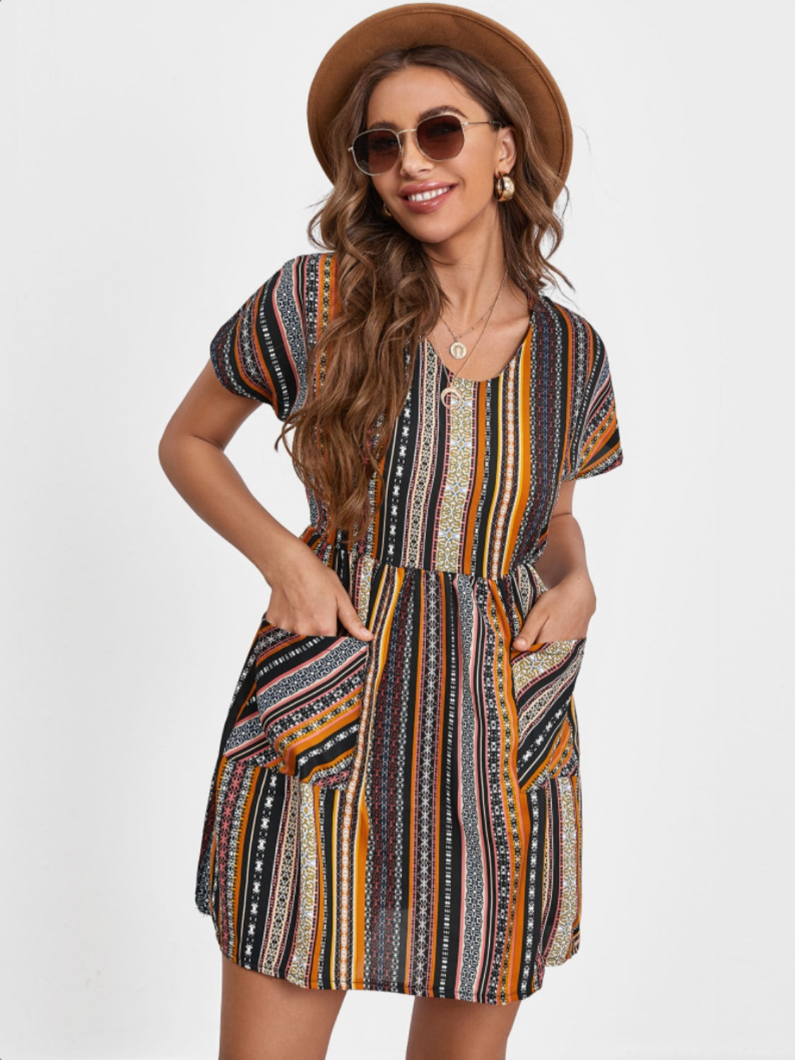 Pocketed Striped Short Sleeve Dress 