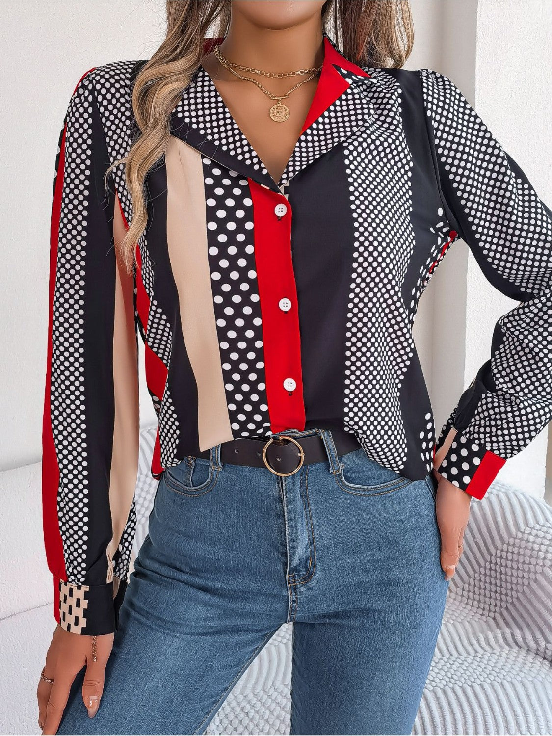 Polka Dot Contrast Long Sleeve Shirt 