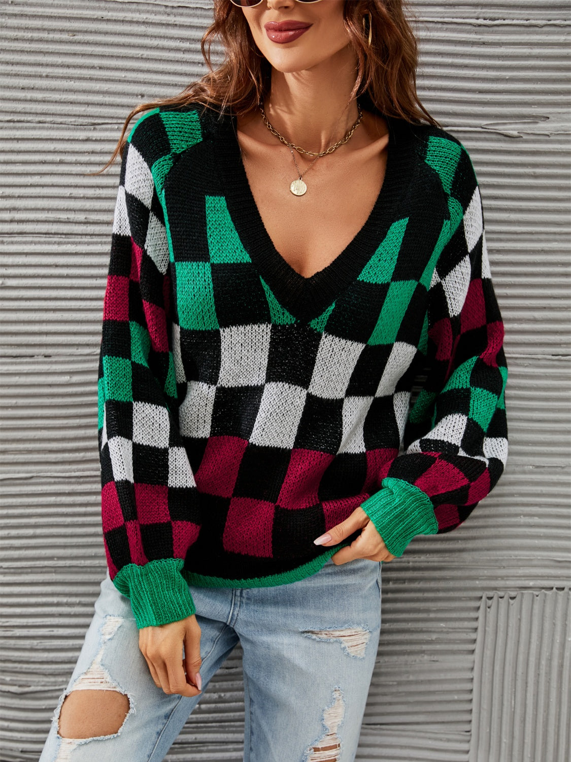 Checkered V-Neck Lantern Sleeve Sweater 