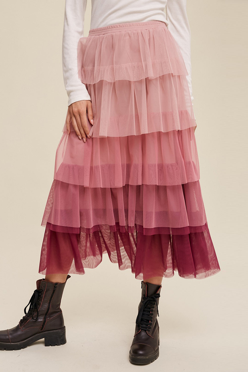 Elastic Waist Layered Tulle Midi Skirt 