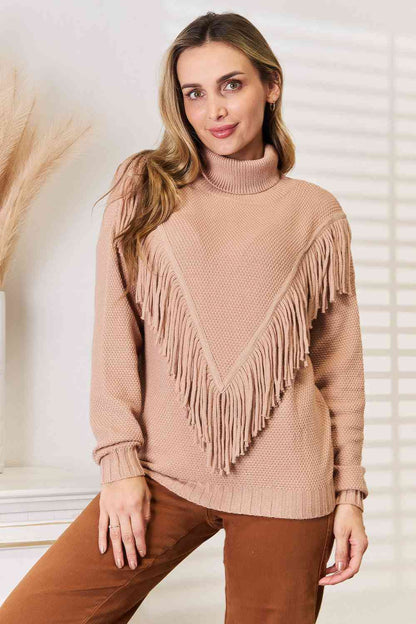 Woven Right Turtleneck Fringe Front Long Sleeve Sweater 