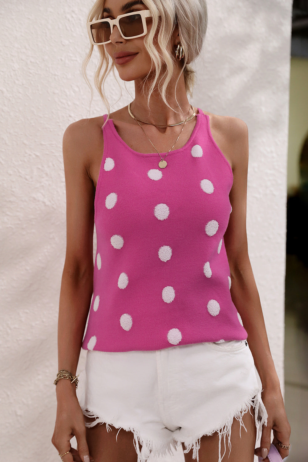 Polka Dot Round Neck Knit Tank 