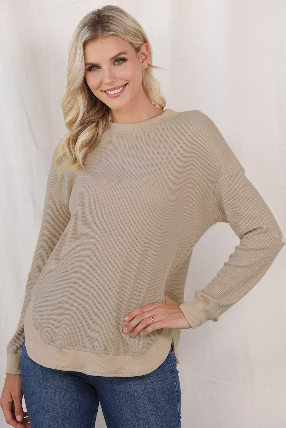 Waffle-Knit Crewneck Drop Shoulder Top