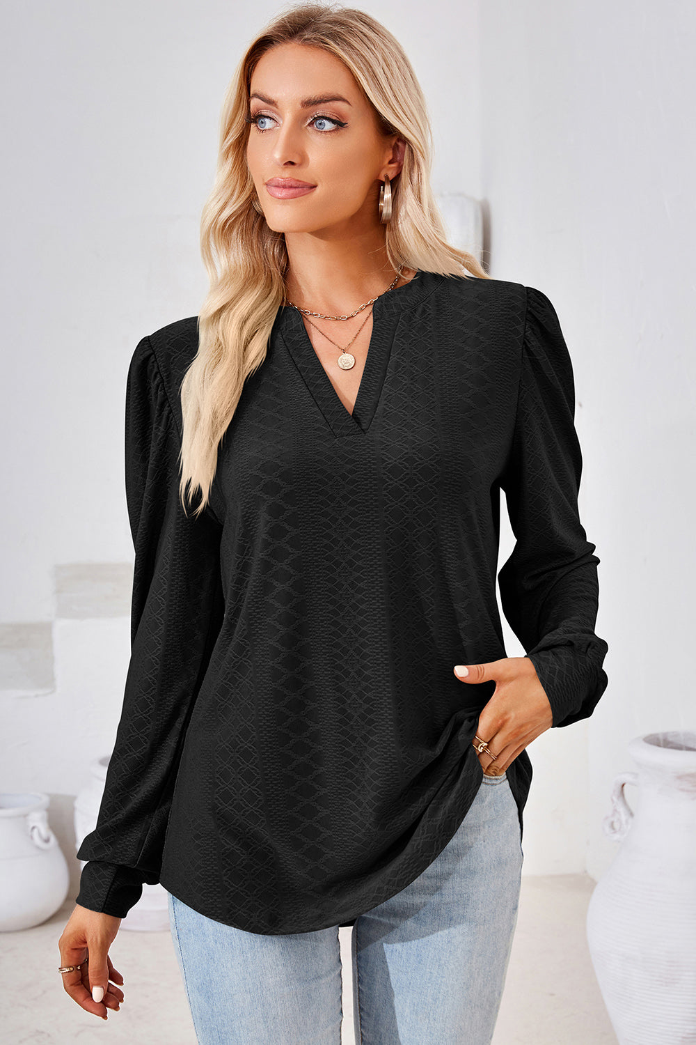 Ruched Notched Long Sleeve T-Shirt