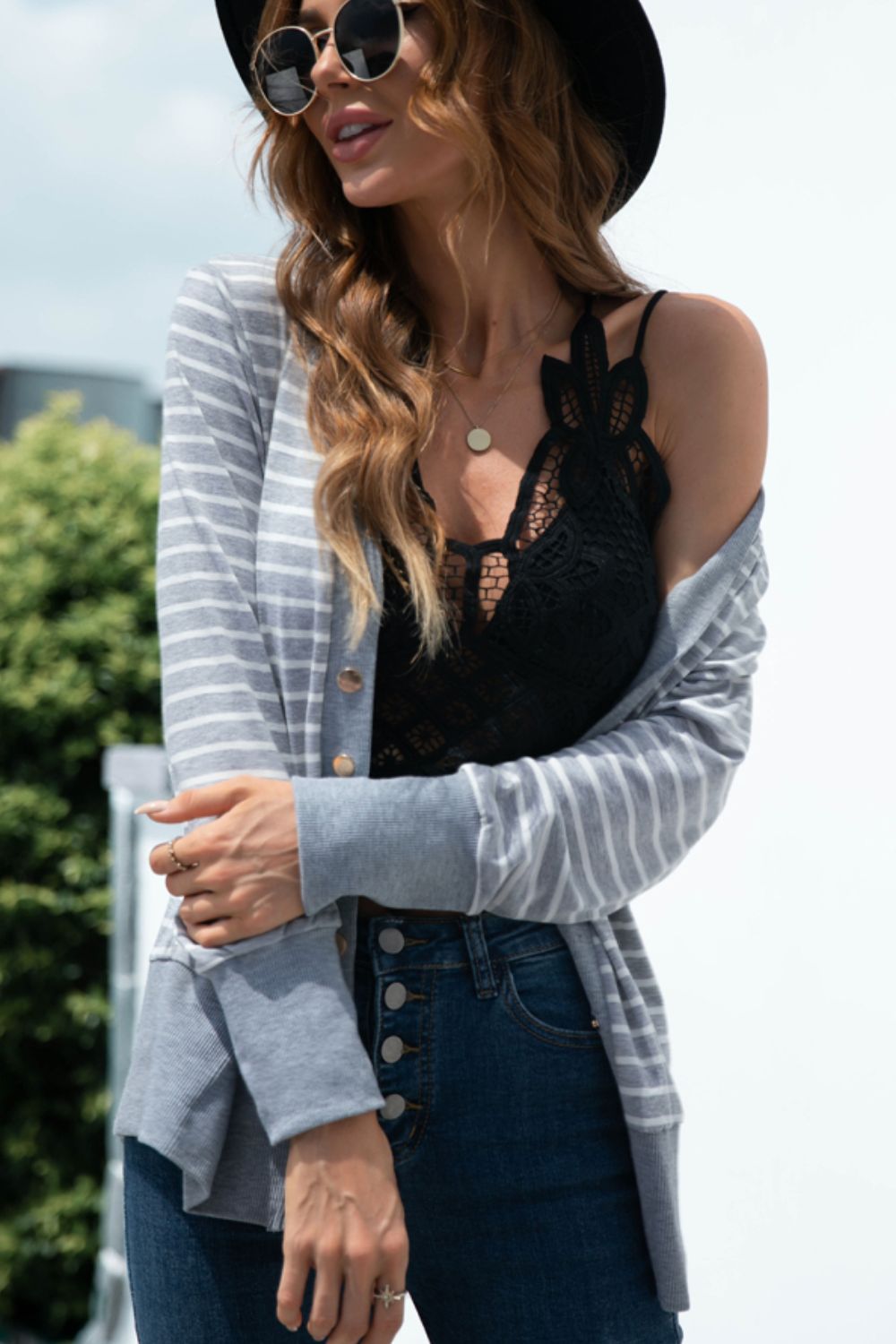 Striped Snap Down Long Sleeve Cardigan 