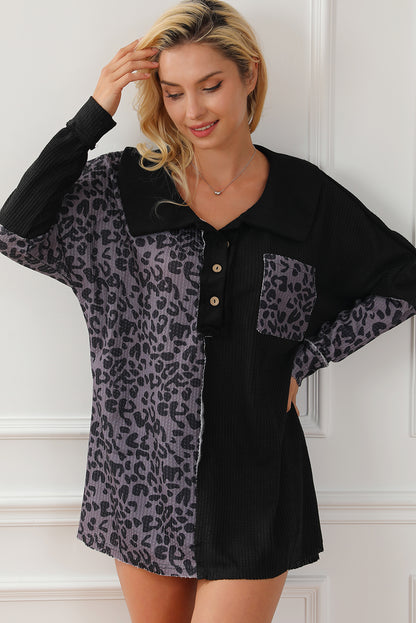 Half Button Leopard Collared Neck Blouse 