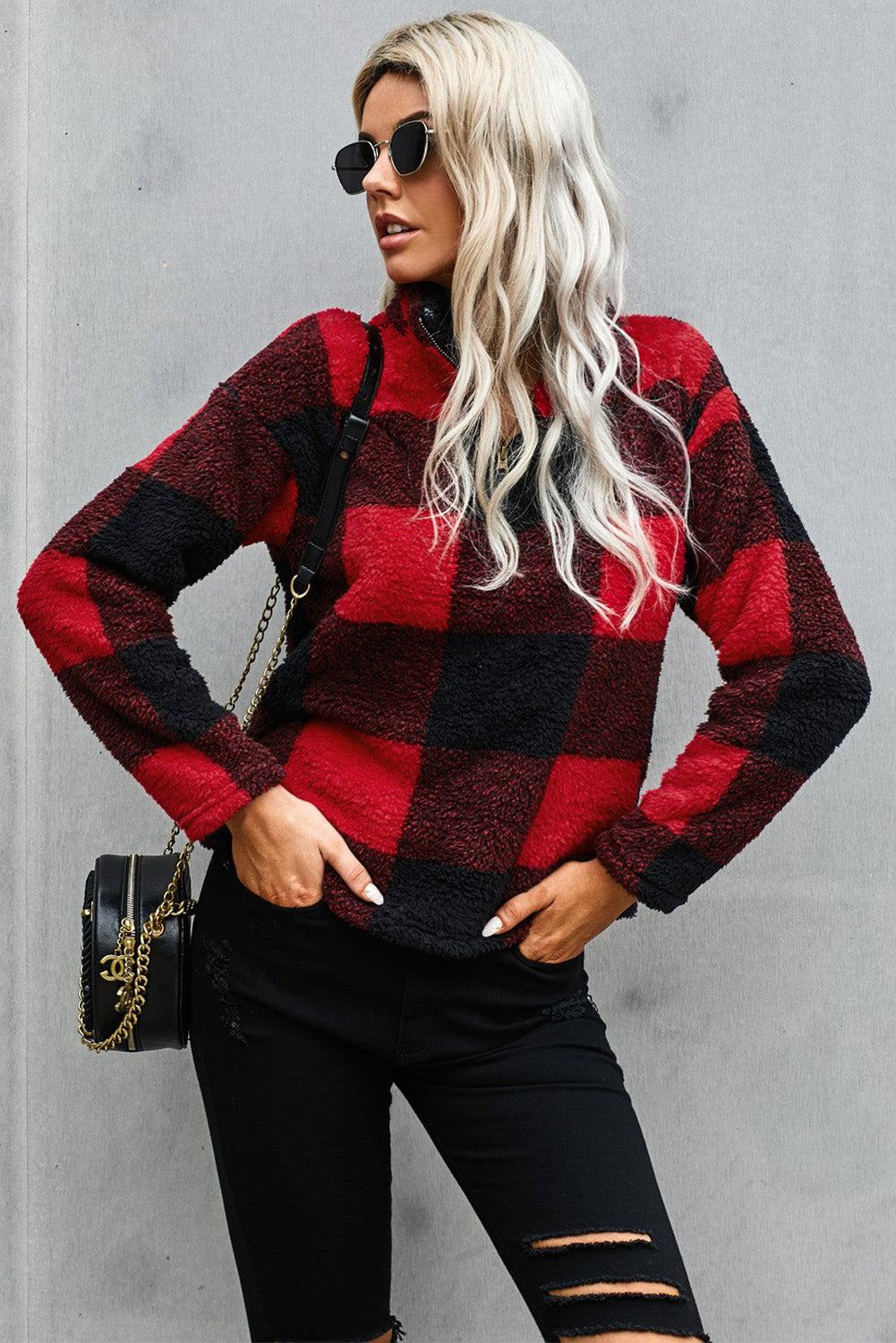 Half Zip Plaid Turtleneck Sweatshirt 