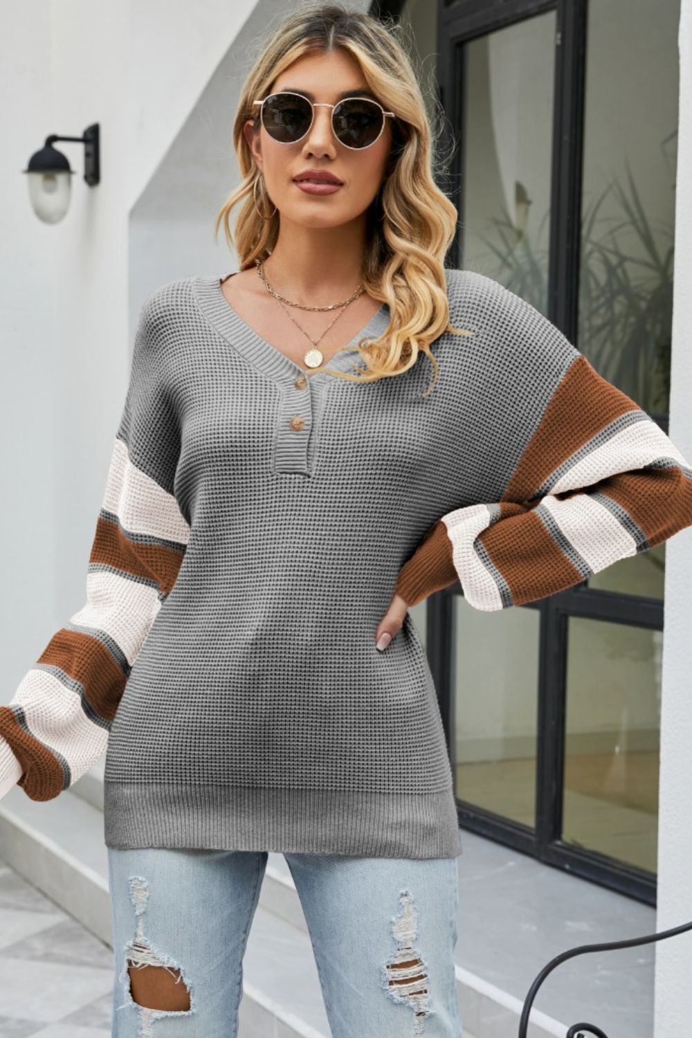 Color Block V-Neck Dropped Shoulder Sweater 