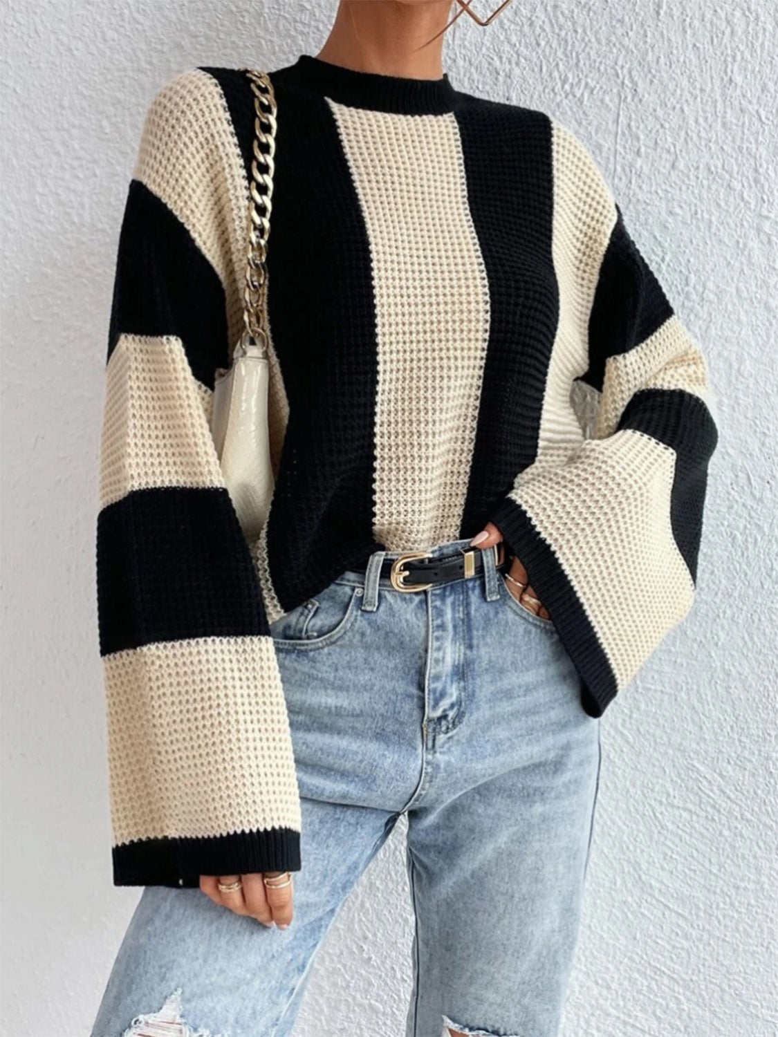 Striped Mock Neck Long Sleeve Sweater 