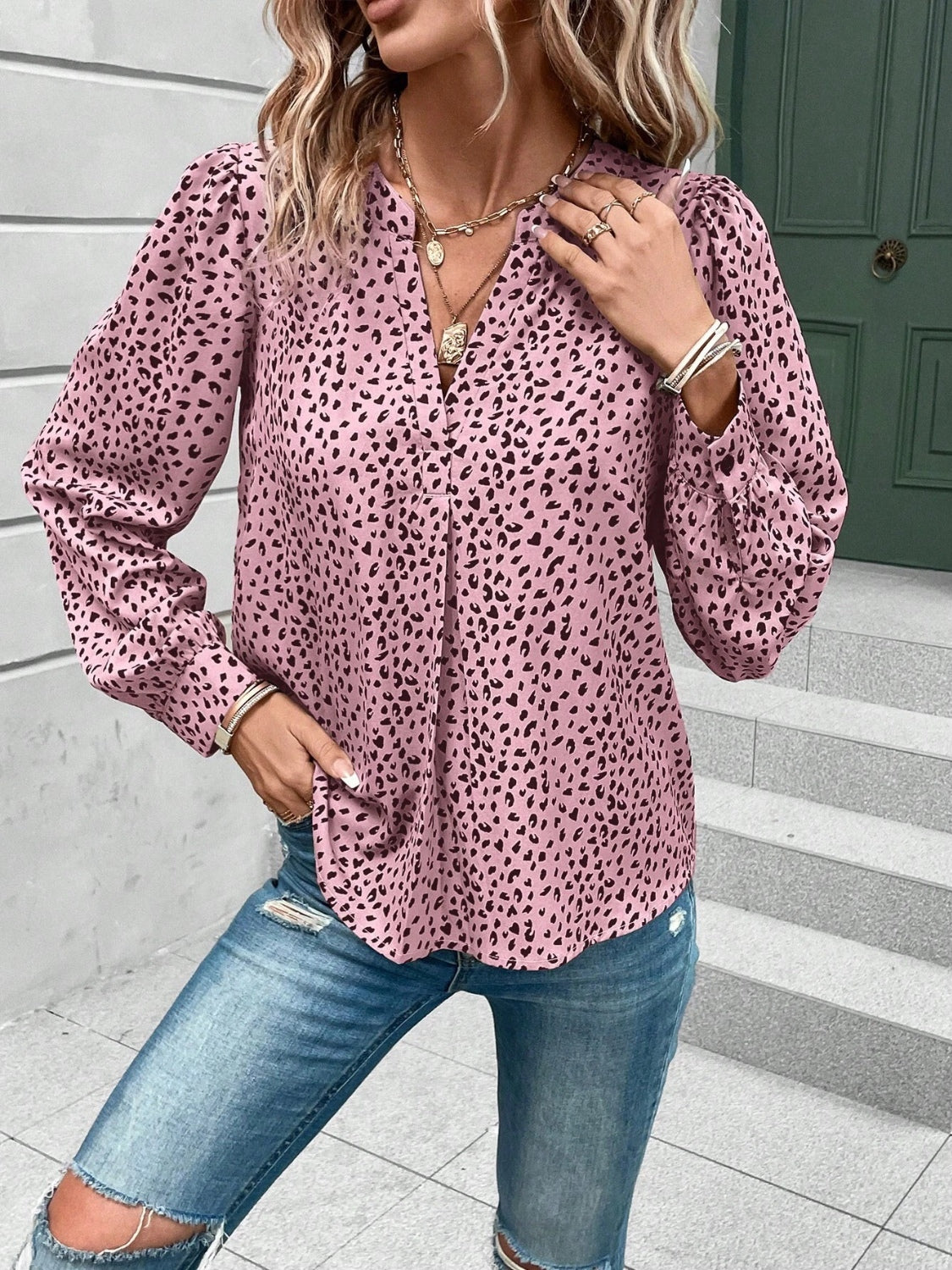 Printed Notched Long Sleeve Blouse - Babbazon Camisole