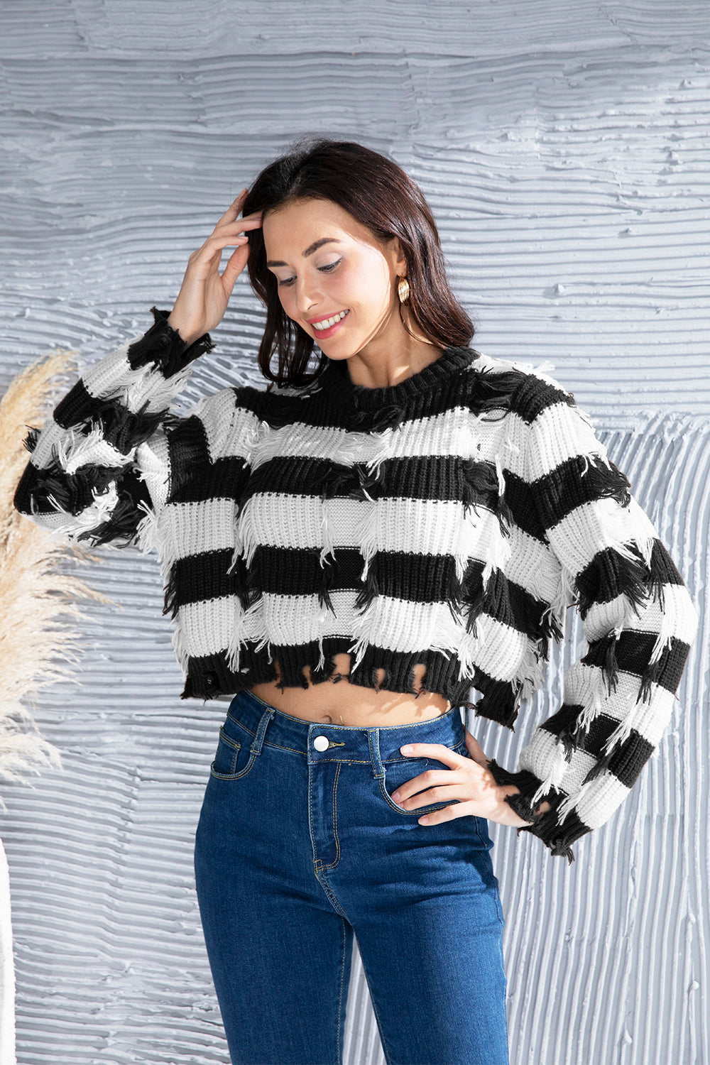 Striped Fringe Round Neck Sweater 