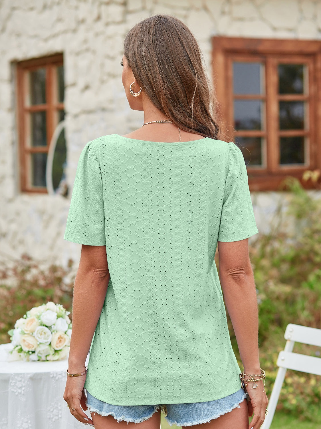 Eyelet Square Neck Short Sleeve Blouse