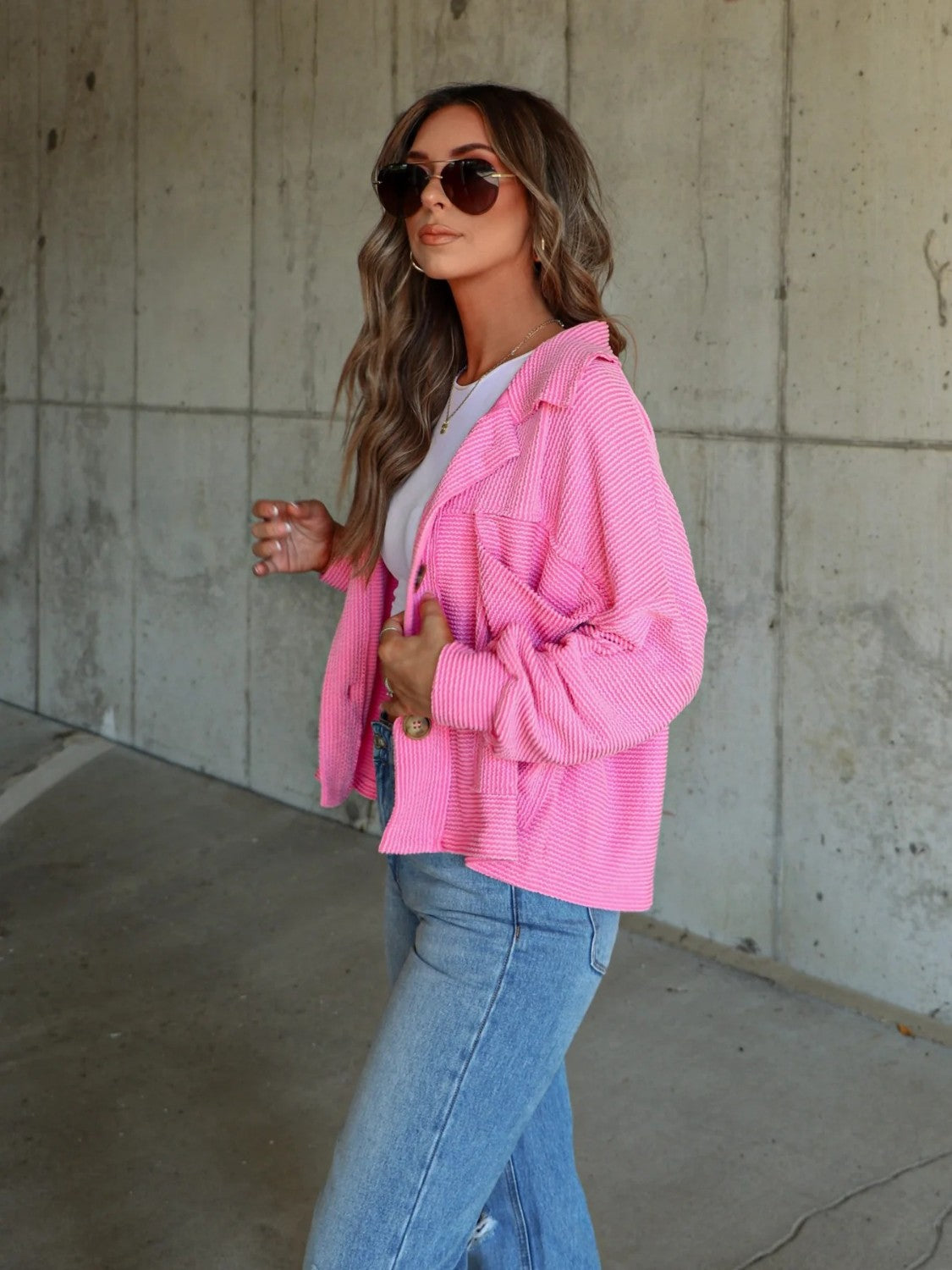 Ribbed Collared Neck Button Up Jacket 