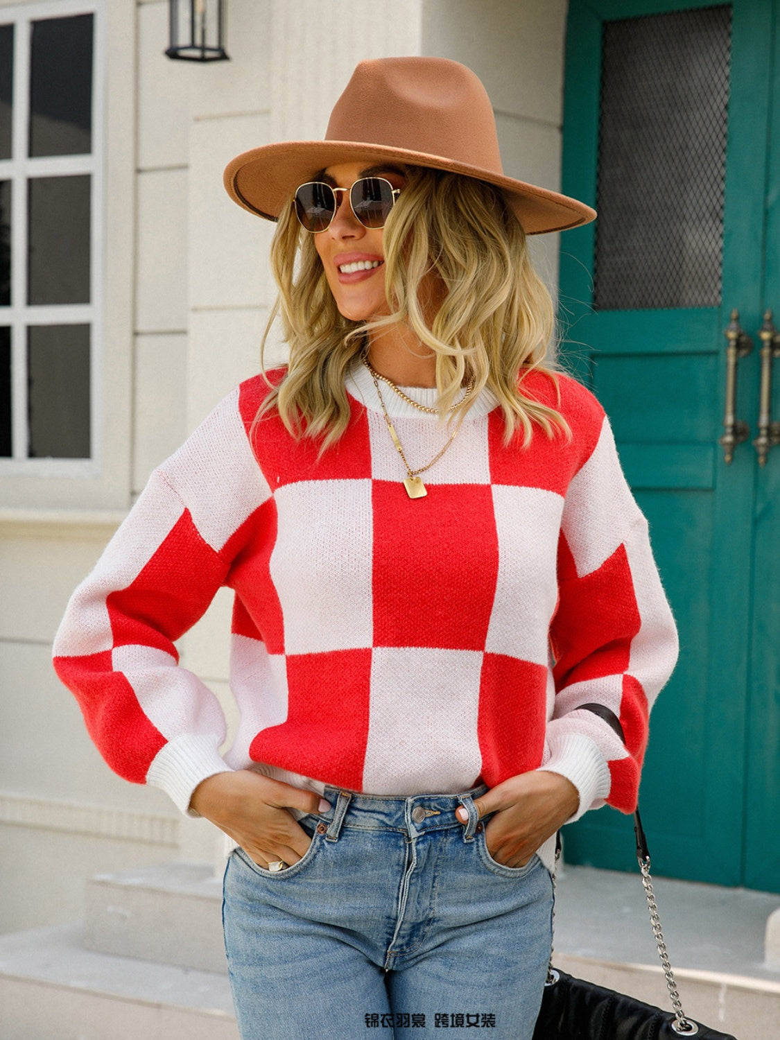 Checkered Round Neck Dropped Shoulder Sweater 