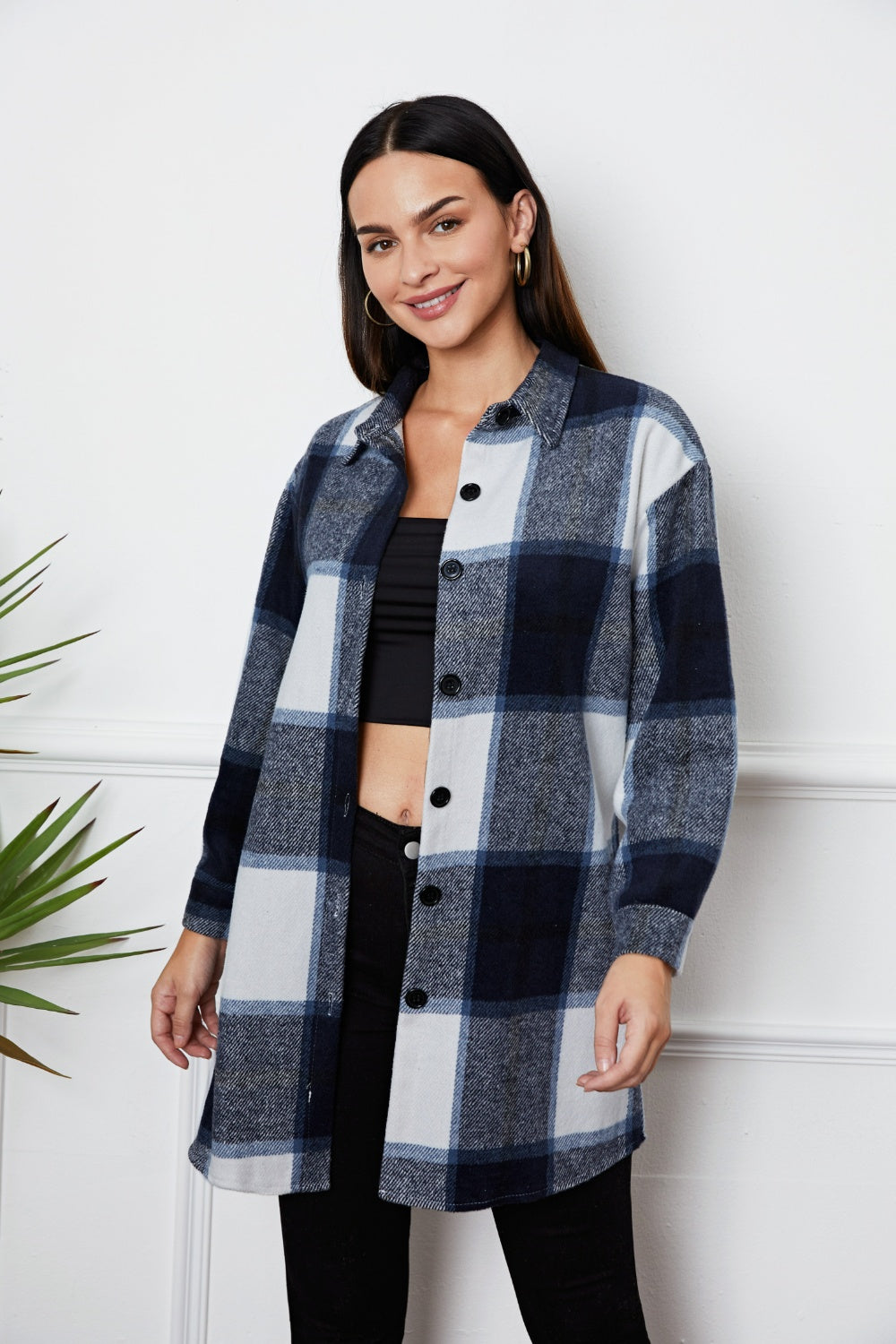 Plaid Button Up Collared Neck Outerwear 