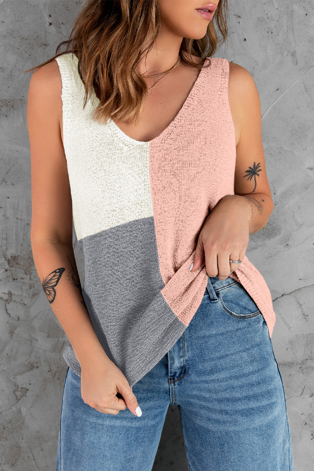 Color Block V-Neck Knitted Tank - Babbazon Tops