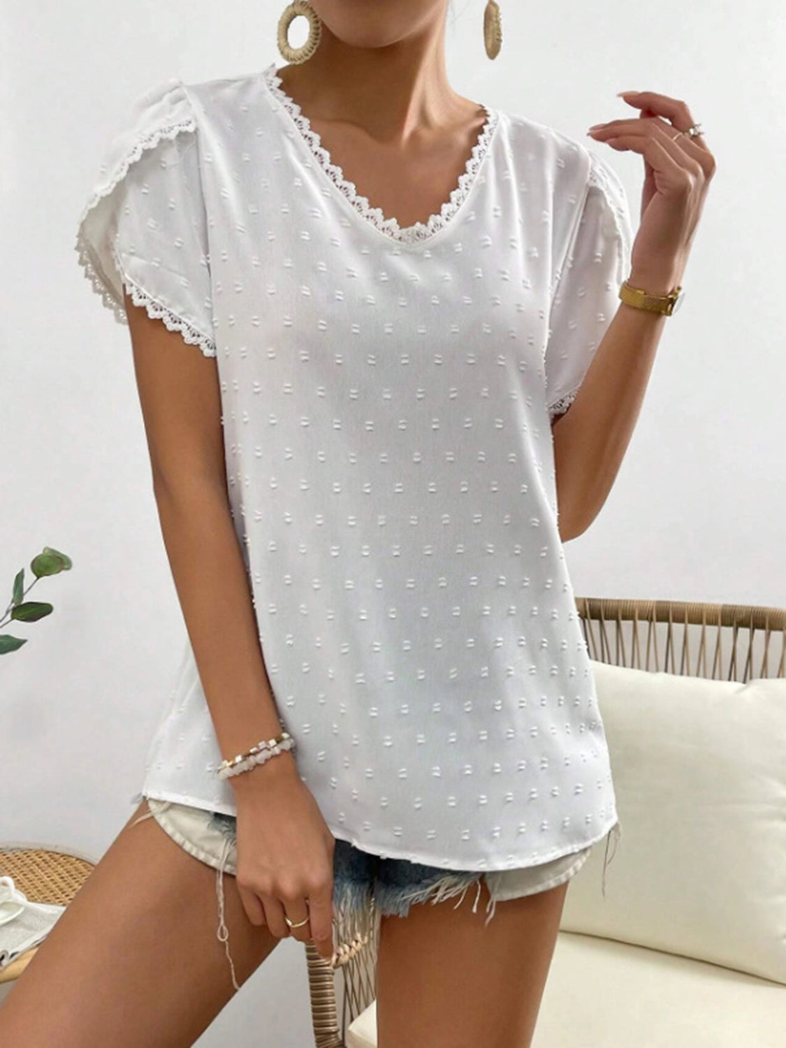 Swiss Dot Lace Detail V-Neck Petal Sleeve Blouse 