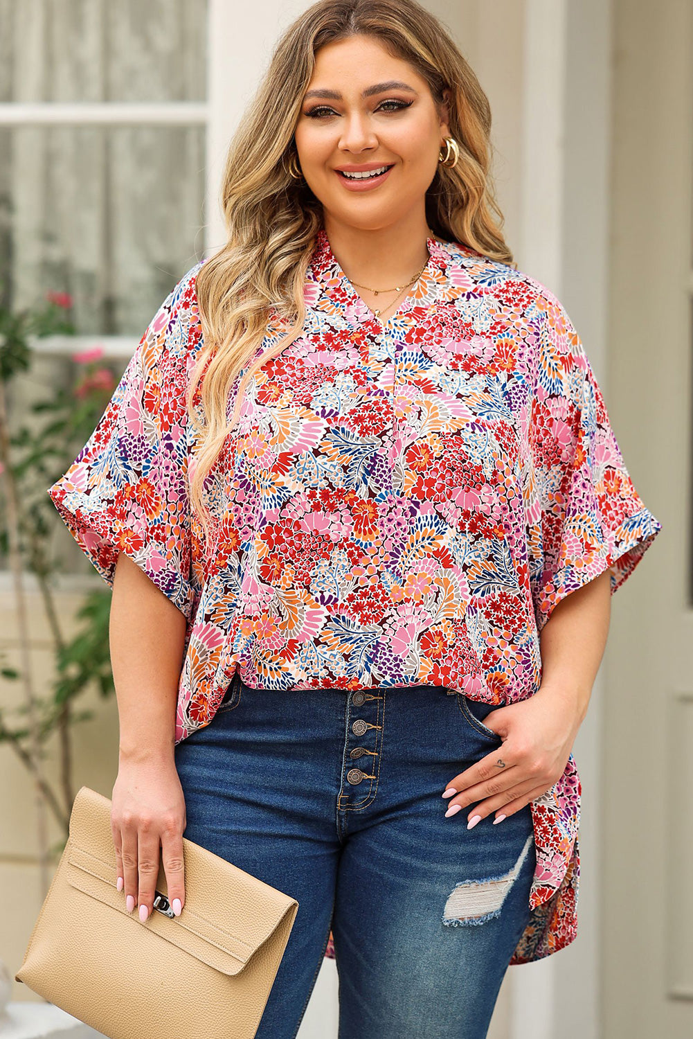 Plus Size Printed Notched Neck Half Sleeve Top - Babbazon Tops