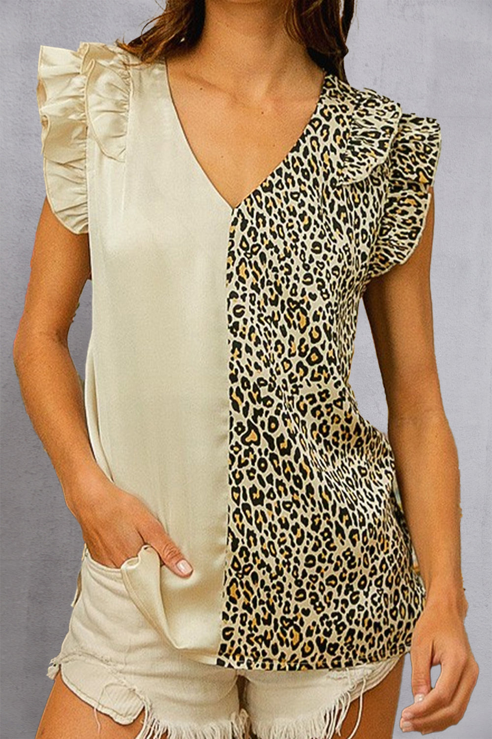 Ruffled Leopard V-Neck Cap Sleeve Blouse - Babbazon Tops